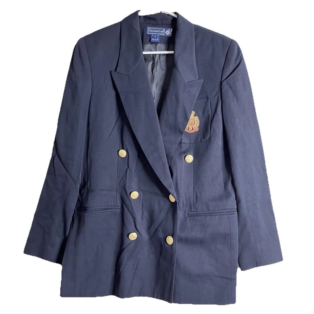 VTG Charter Club Preppy Navy 100% Wool Double Breasted Beaded Crest Blazer 8